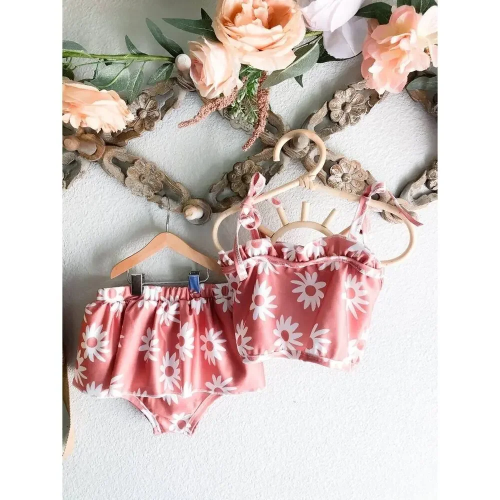 New Rose Gold Floral 2pc Skirted peplum Bloomers + Frill Top Playsuit Set 3T/4T